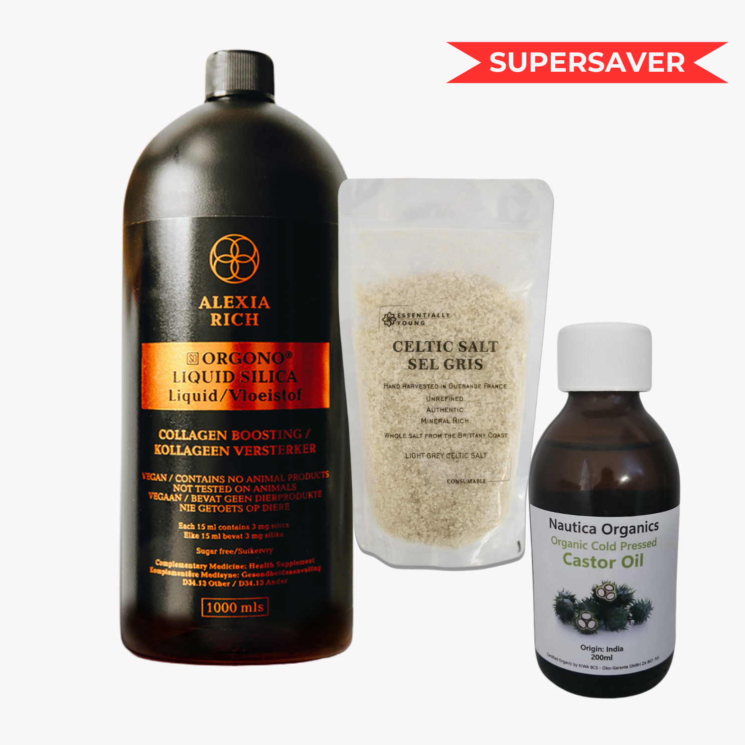 Vegan Power Pack Special - Combine Vegan Collagen Liquid, with Celtic Sea Salt and Organic Castor Oil to get the best health benefits