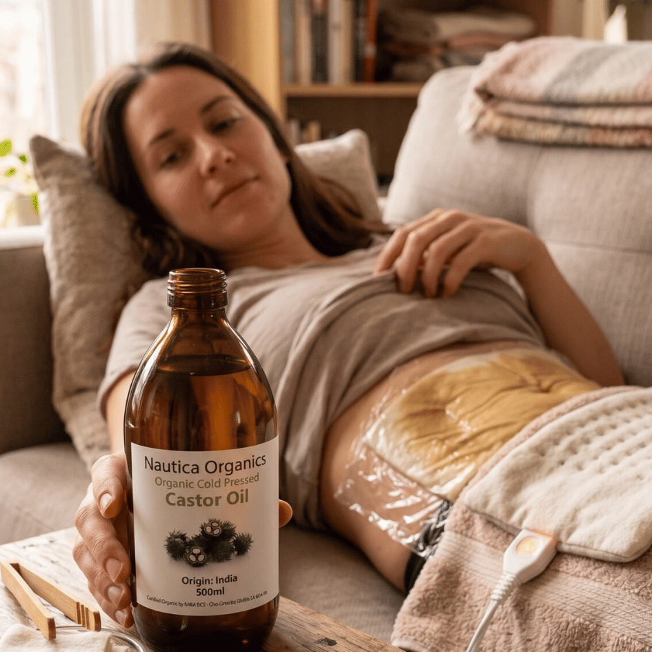 Woman relaxing with a castor oil compress pack and heating pad on her abdomen for digestion support
