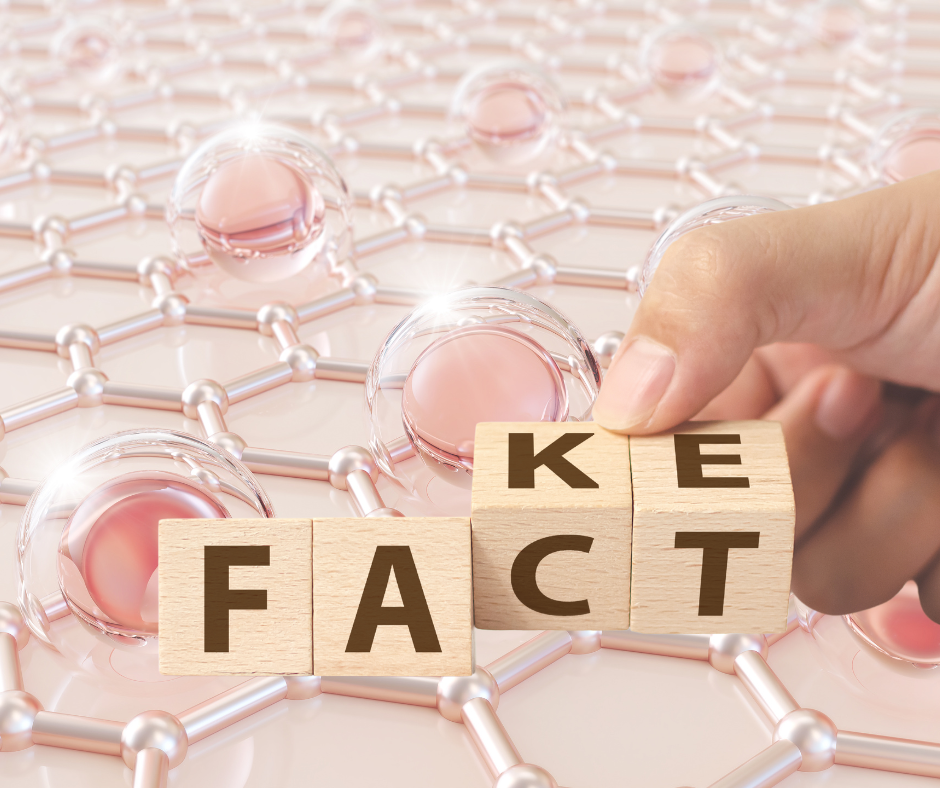 Collagen with hand holding blocks turning fact to fake