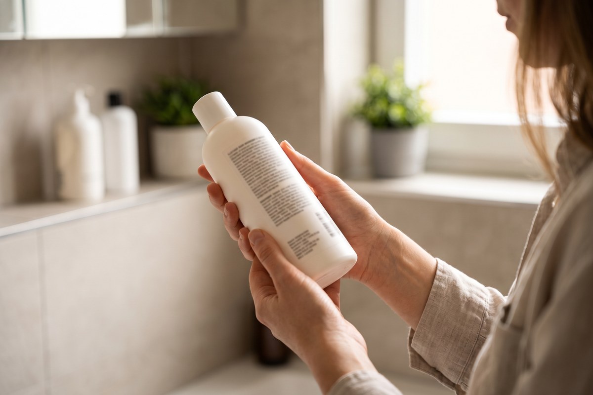 Woman reading the ingredient label on the back of an unbranded shampoo bottle
