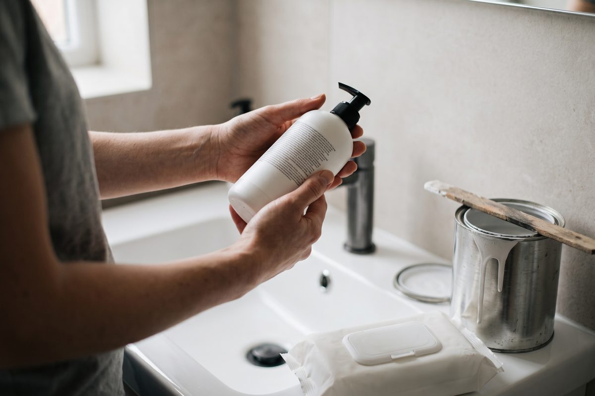Woman reading the ingredient label on an unbranded hand soap bottle, with baby wipes and a tin of wall paint beside the basin