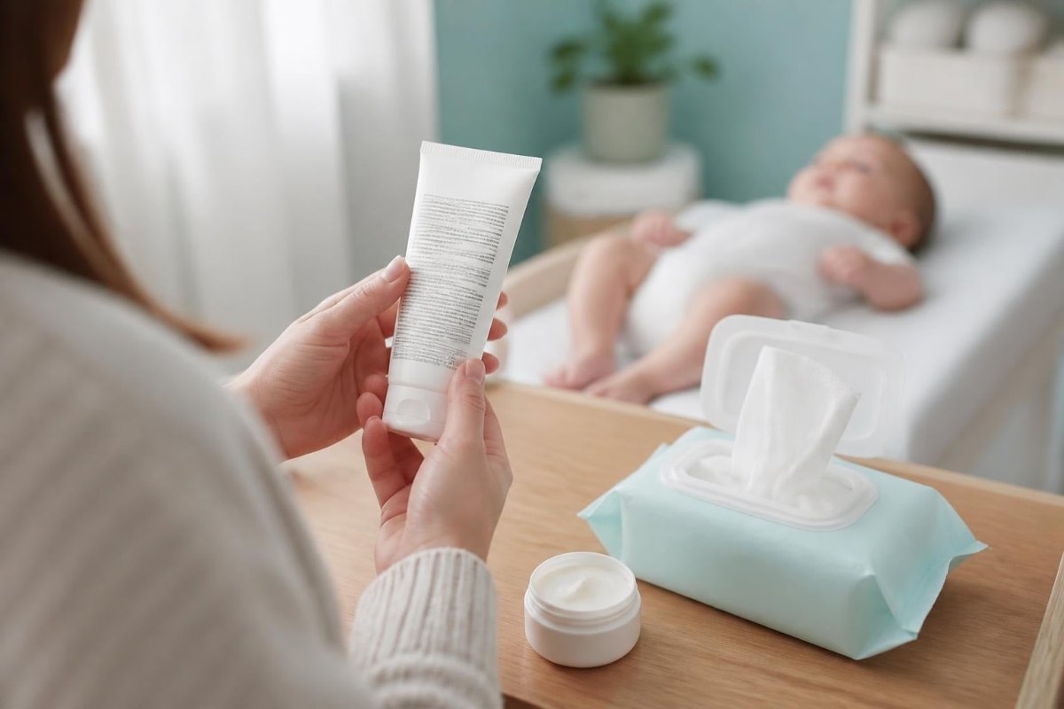 Mother reading the ingredient list on an unbranded tube of baby moisturiser, with baby wipes and a jar of barrier cream on a changing table