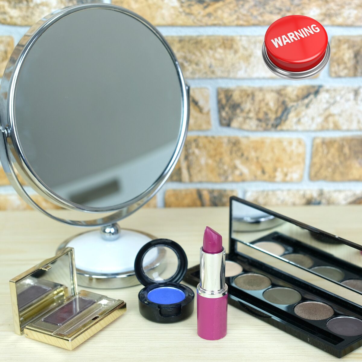 Makeup and cosmetics on a dressing table with a warning sign - triethanolamine hidden in beauty products