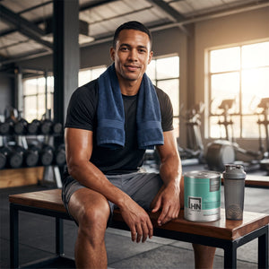 A man in a gym setting sits on a wooden bench, wearing a black t-shirt, gray shorts, and a blue towel around his neck. In front of him are a canister of Health Nut Active Collagen Powder with a shaker for smoothies