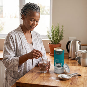 Woman stirring pharmaceutical grade bicarbonate of soda into a glass of water for morning indigestion relief