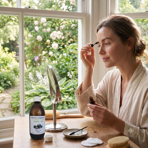 A woman in a cream robe applies eye makeup at a wooden vanity table by a window, with a bottle of Cold Pressed Castor Oil and skincare items nearby and a garden view in the background.
