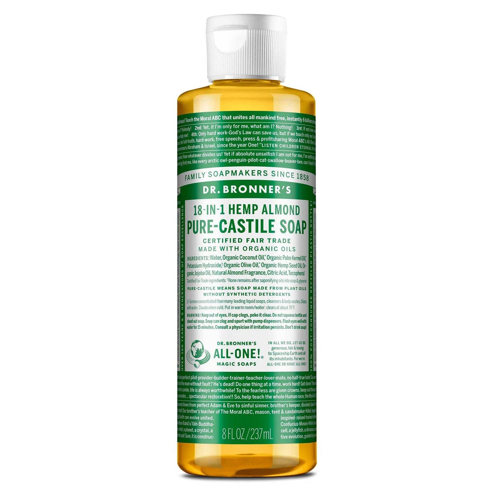 Dr Bronner Vegan Certified Almond Pure Castile Liquid Soap - Health Nutrition