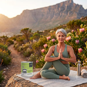 Fit older woman doing yoga outdoors with Restore collagen powder for joint health and mobility, South Africa